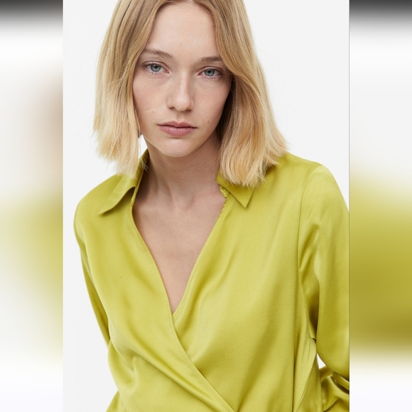 H&M Yellow Green Satin wrap mini dress. Size Large - Picture 2 of 16